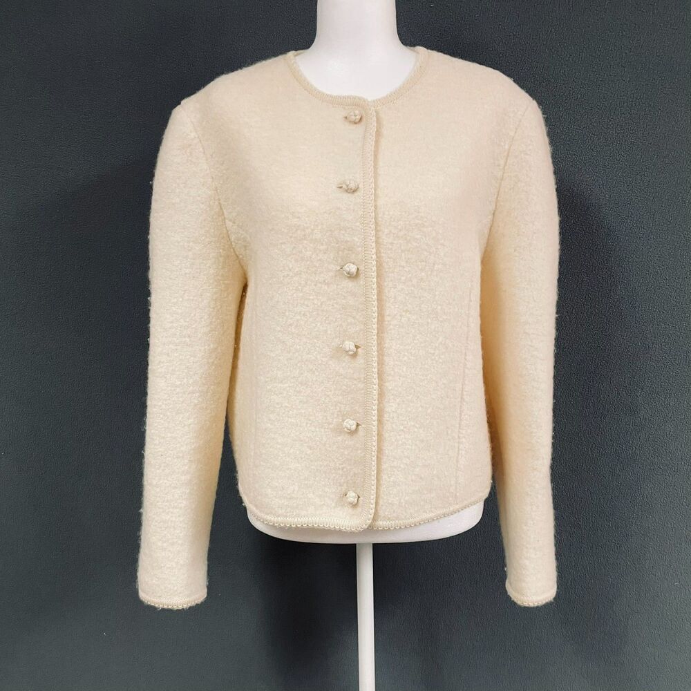 Lands End Vintage 100% Wool Sze 14 Cardigan Ivory Classic Old Money Button Front